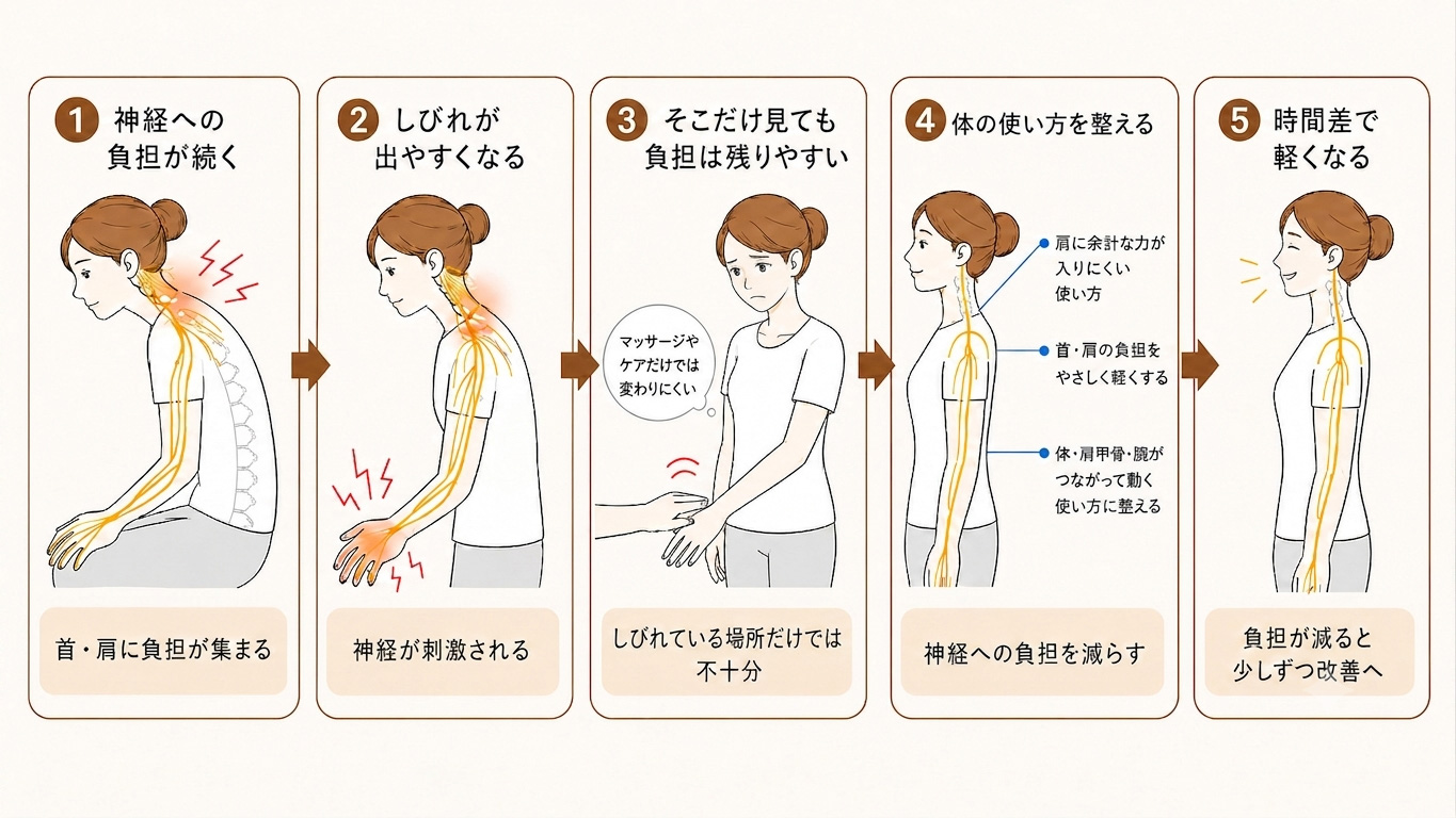 手のしびれ・腕のしびれは神経への負担を減らすことで改善を目指す流れ